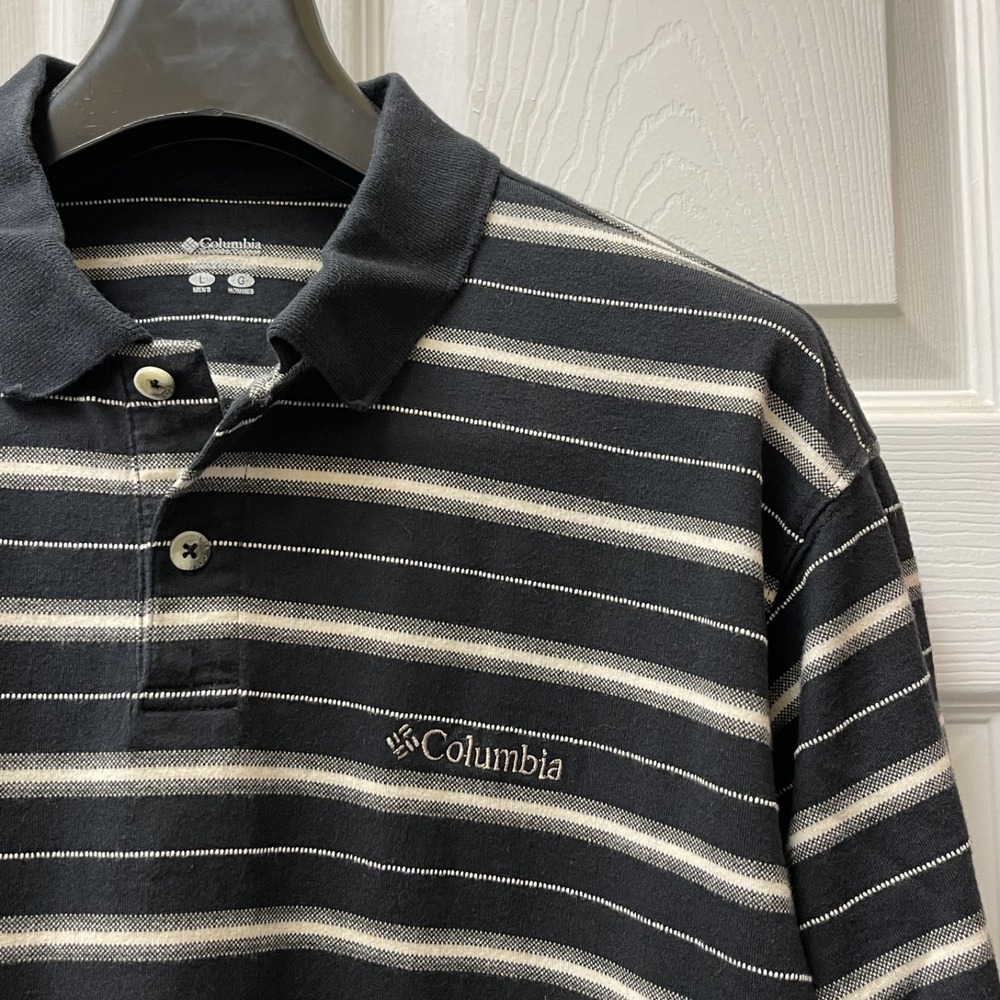 Columbia Men's Large Polo Shirt 100% Cotton Black/Gray Stripe Classic Casual